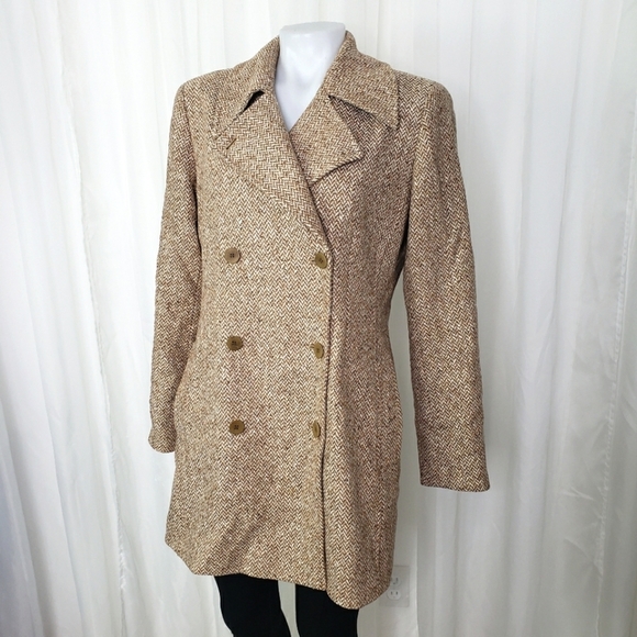 Lafayette 148 wool peacoat tan white chevron pattern size 8 - Picture 1 of 8